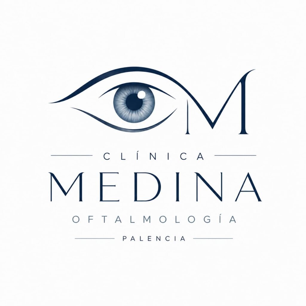 Logotipo de Clínica Medina Oftalmología en Palencia con un icono de un ojo estilizado integrado en la letra M.